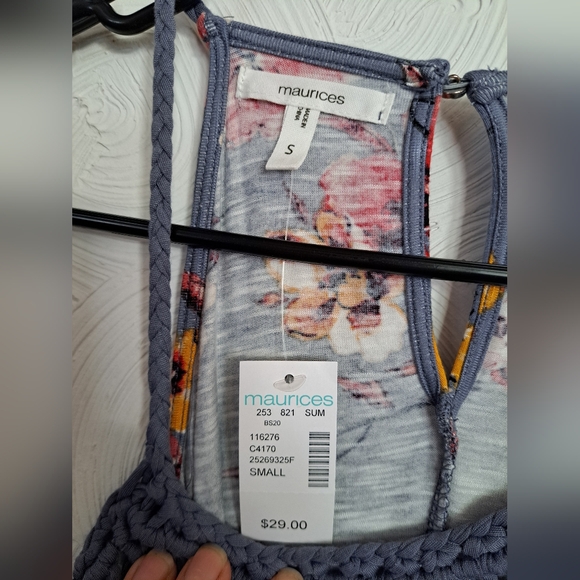 NWT Maurices Braided Spaghetti Strap Floral Faded Blue Tank With Woven Bodice-SM - Picture 6 of 11